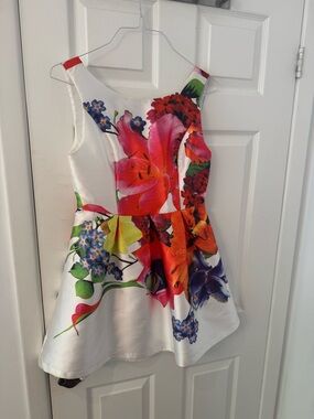 Floral Fit-and-Flare Mini Dress in White with Multicolor Bloom